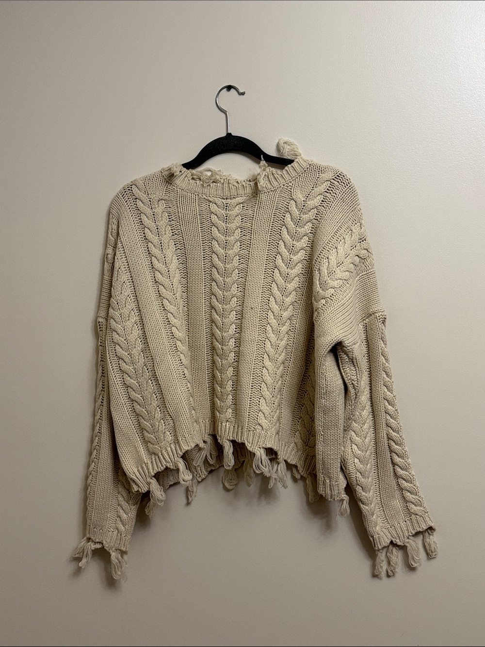 Cable-Knit Distressed Crop Sweater in Cream